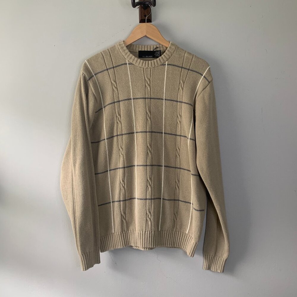 Bill Blass Vintage Tan and Blue Grey Grandpa Casual Crew Neck Knit Sweater Large